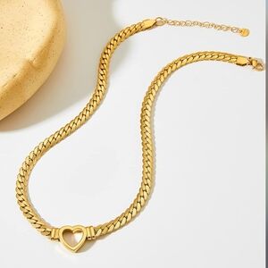 Flat Cuban Link Chunky Chain Necklace Gold Stainless Steel Hollow Heart Charms